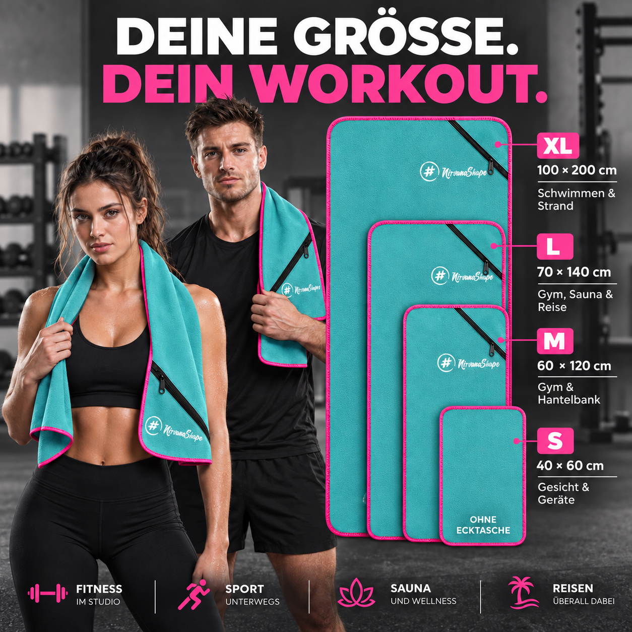 NirvanaShape Fitnesshandtuch Mikrofaser mit Ecktasche & Druckknöpfen - saugfähig, leicht, schnelltrocknend, für Reisen, Fitness, Yoga, Sauna