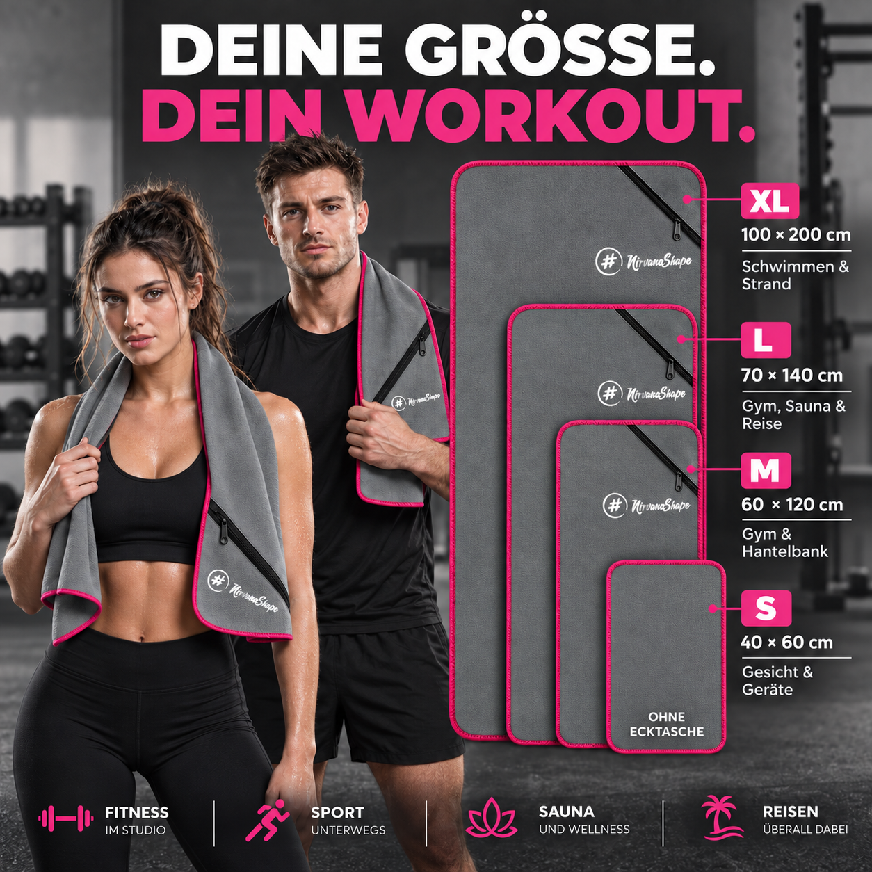 NirvanaShape Fitnesshandtuch Mikrofaser mit Ecktasche & Druckknöpfen - saugfähig, leicht, schnelltrocknend, für Reisen, Fitness, Yoga, Sauna