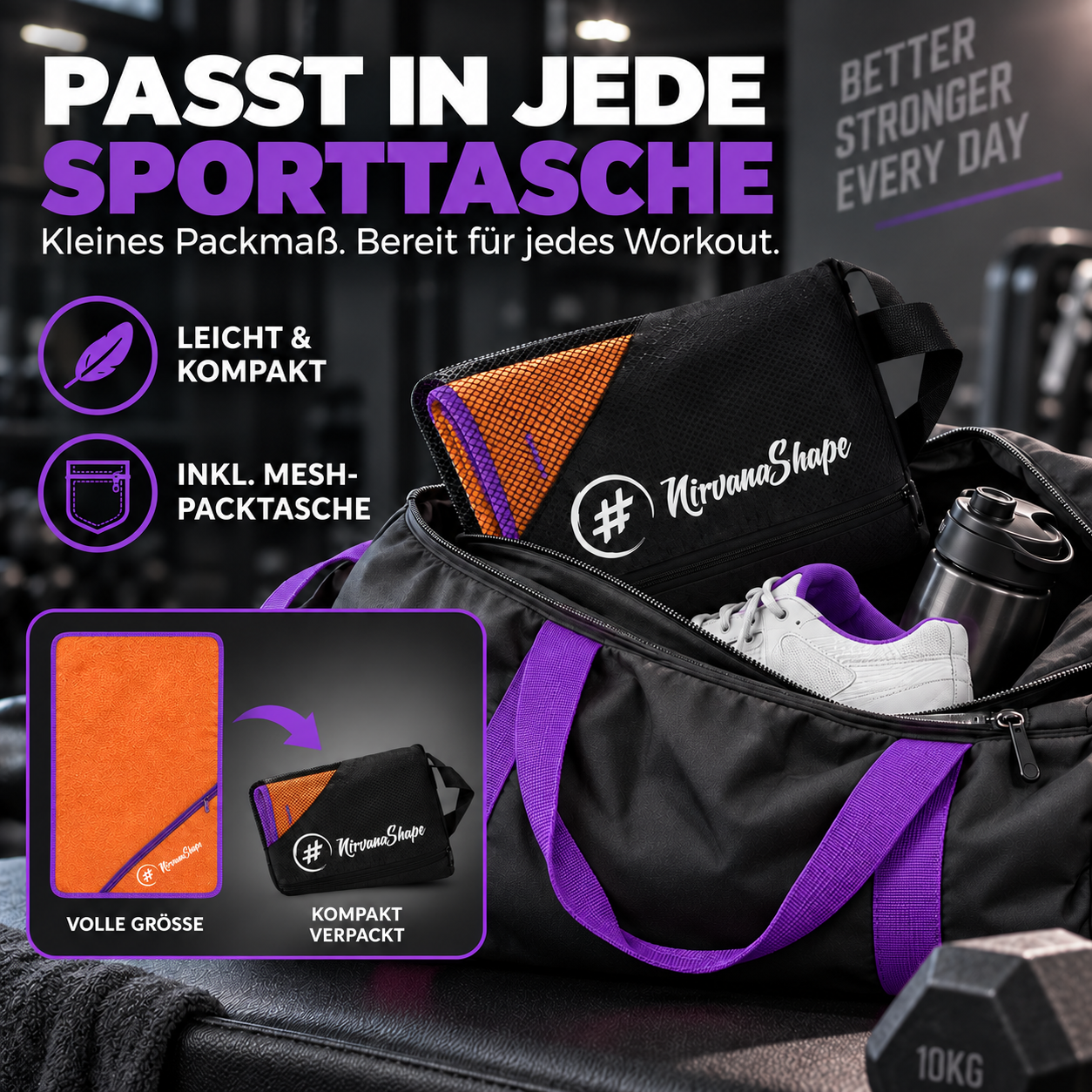 NirvanaShape Fitnesshandtuch Mikrofaser mit Ecktasche & Druckknöpfen - saugfähig, leicht, schnelltrocknend, für Reisen, Fitness, Yoga, Sauna
