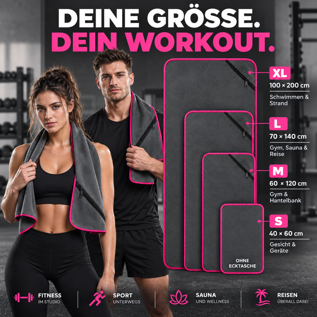 NirvanaShape Fitnesshandtuch Mikrofaser mit Ecktasche & Druckknöpfen - saugfähig, leicht, schnelltrocknend, für Reisen, Fitness, Yoga, Sauna