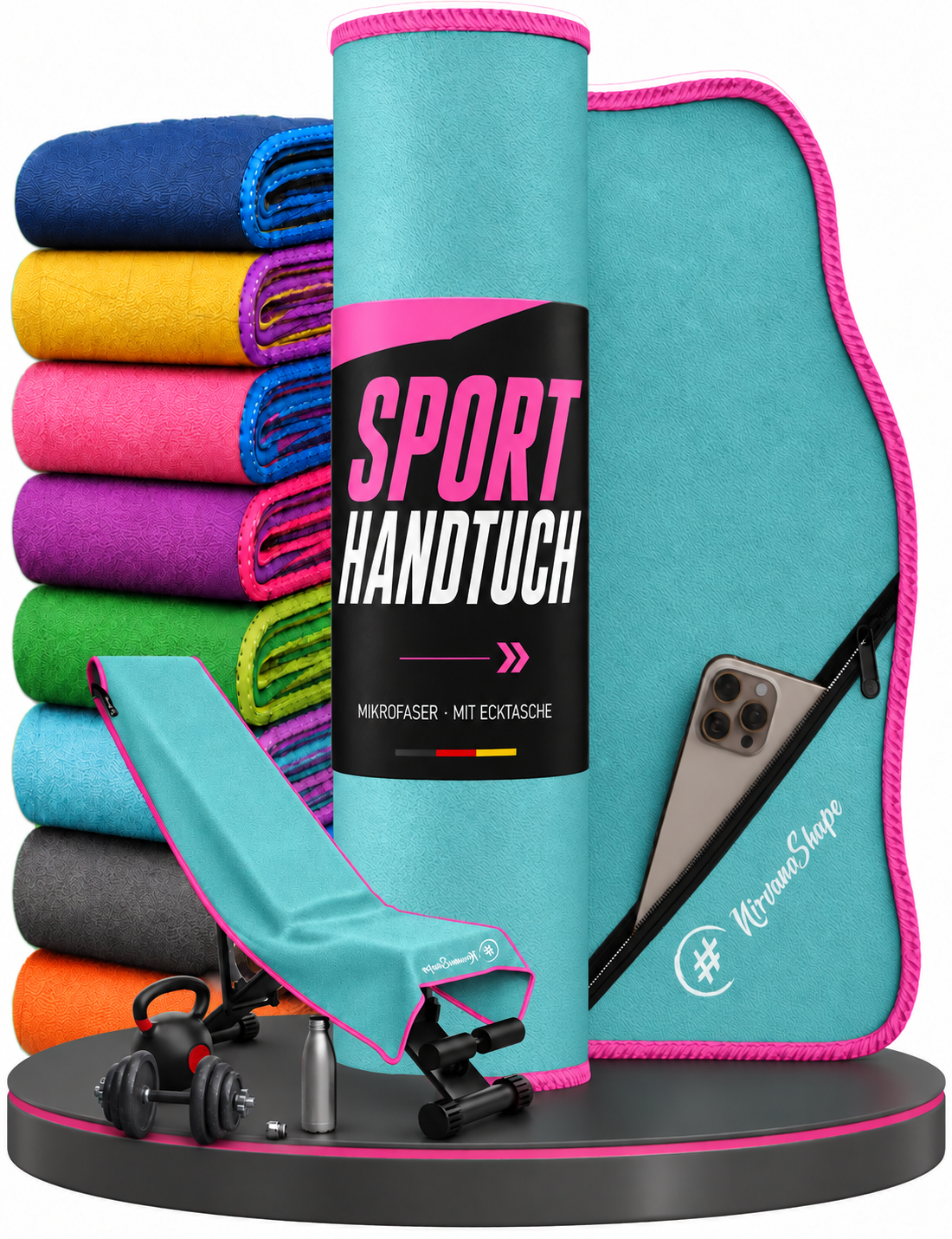 NirvanaShape Fitnesshandtuch Mikrofaser mit Ecktasche & Druckknöpfen - saugfähig, leicht, schnelltrocknend, für Reisen, Fitness, Yoga, Sauna