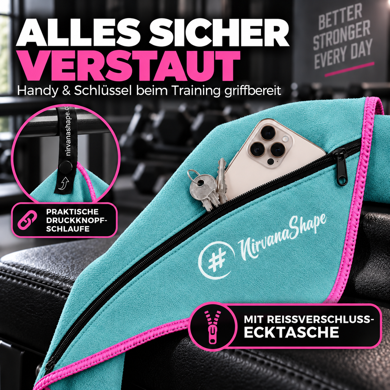 NirvanaShape Fitnesshandtuch Mikrofaser mit Ecktasche & Druckknöpfen - saugfähig, leicht, schnelltrocknend, für Reisen, Fitness, Yoga, Sauna