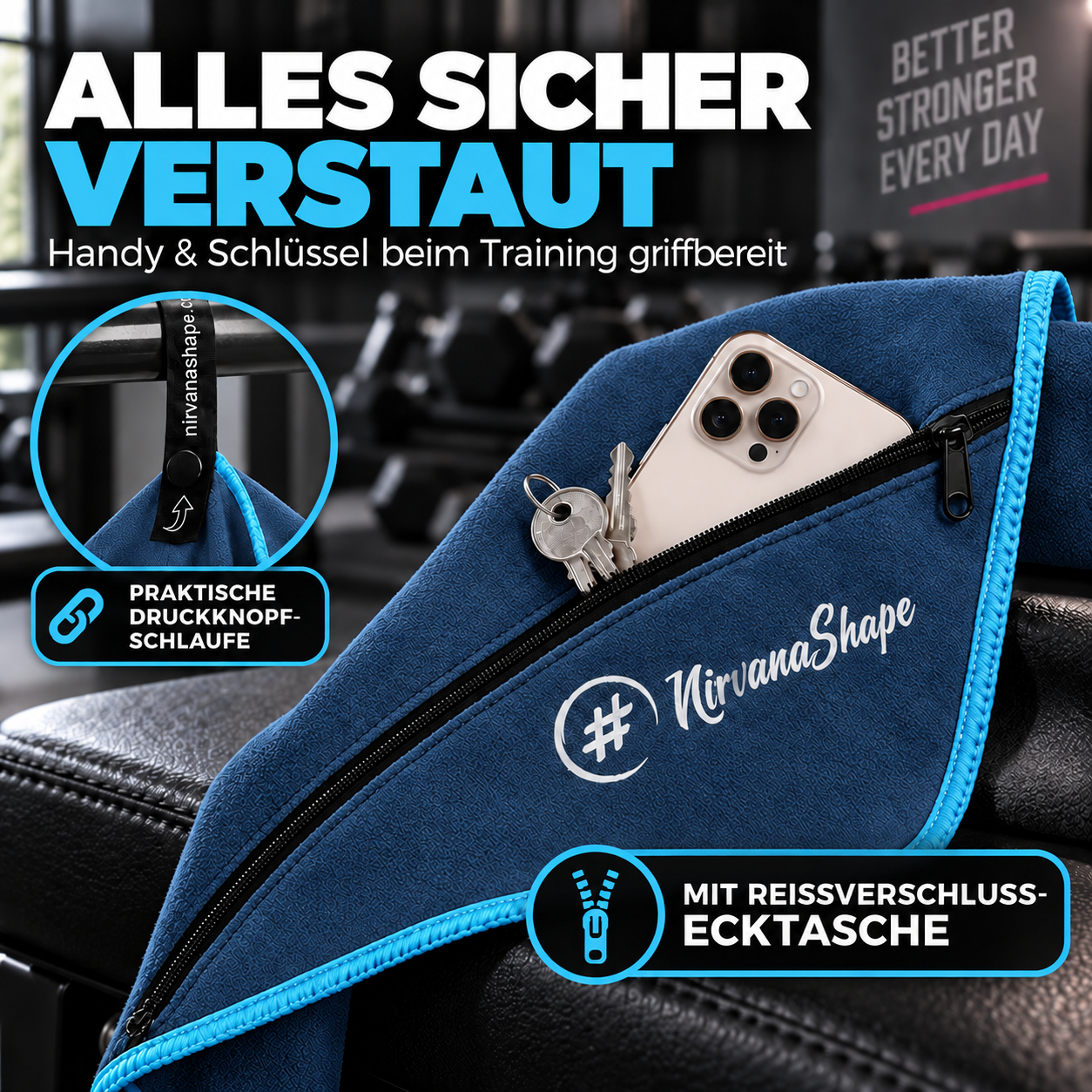 NirvanaShape Fitnesshandtuch Mikrofaser mit Ecktasche & Druckknöpfen - saugfähig, leicht, schnelltrocknend, für Reisen, Fitness, Yoga, Sauna
