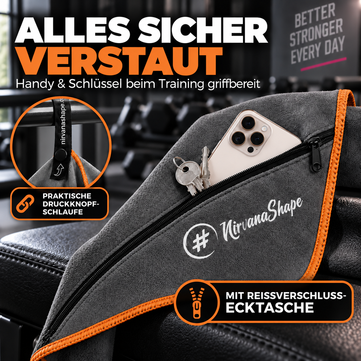 NirvanaShape Fitnesshandtuch Mikrofaser mit Ecktasche & Druckknöpfen - saugfähig, leicht, schnelltrocknend, für Reisen, Fitness, Yoga, Sauna