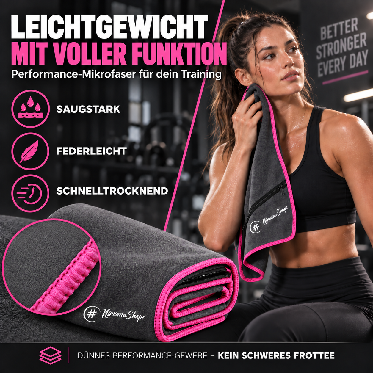 NirvanaShape Fitnesshandtuch Mikrofaser mit Ecktasche & Druckknöpfen - saugfähig, leicht, schnelltrocknend, für Reisen, Fitness, Yoga, Sauna
