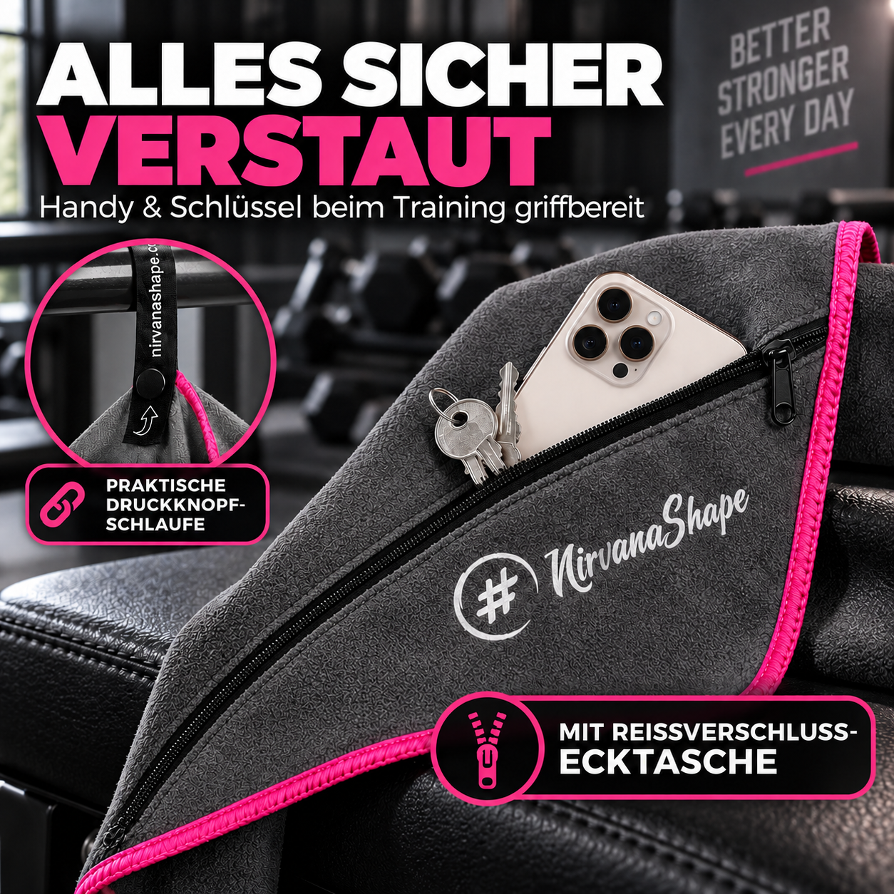 NirvanaShape Fitnesshandtuch Mikrofaser mit Ecktasche & Druckknöpfen - saugfähig, leicht, schnelltrocknend, für Reisen, Fitness, Yoga, Sauna