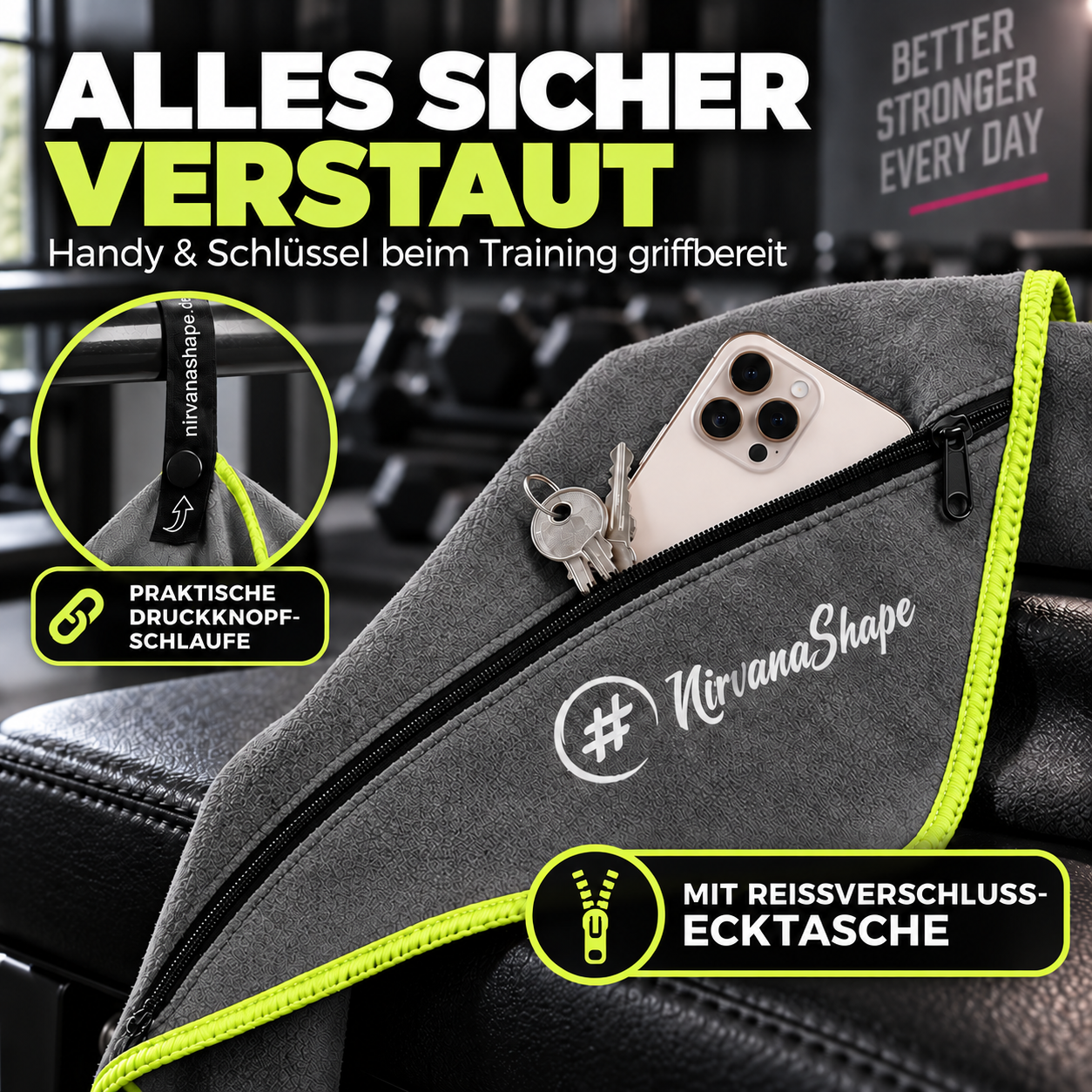 NirvanaShape Fitnesshandtuch Mikrofaser mit Ecktasche & Druckknöpfen - saugfähig, leicht, schnelltrocknend, für Reisen, Fitness, Yoga, Sauna