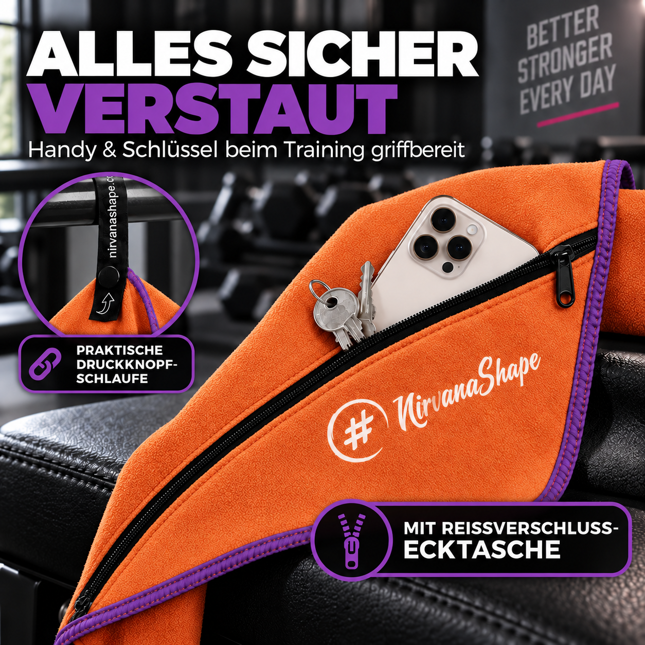 NirvanaShape Fitnesshandtuch Mikrofaser mit Ecktasche & Druckknöpfen - saugfähig, leicht, schnelltrocknend, für Reisen, Fitness, Yoga, Sauna