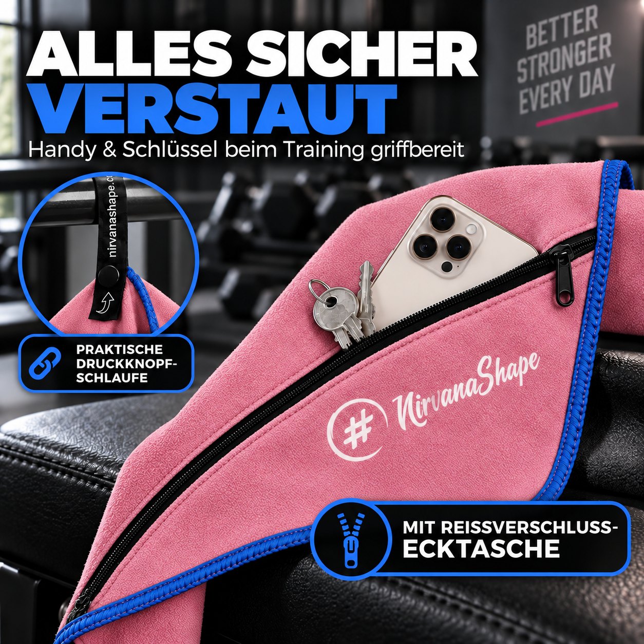 NirvanaShape Fitnesshandtuch Mikrofaser mit Ecktasche & Druckknöpfen - saugfähig, leicht, schnelltrocknend, für Reisen, Fitness, Yoga, Sauna
