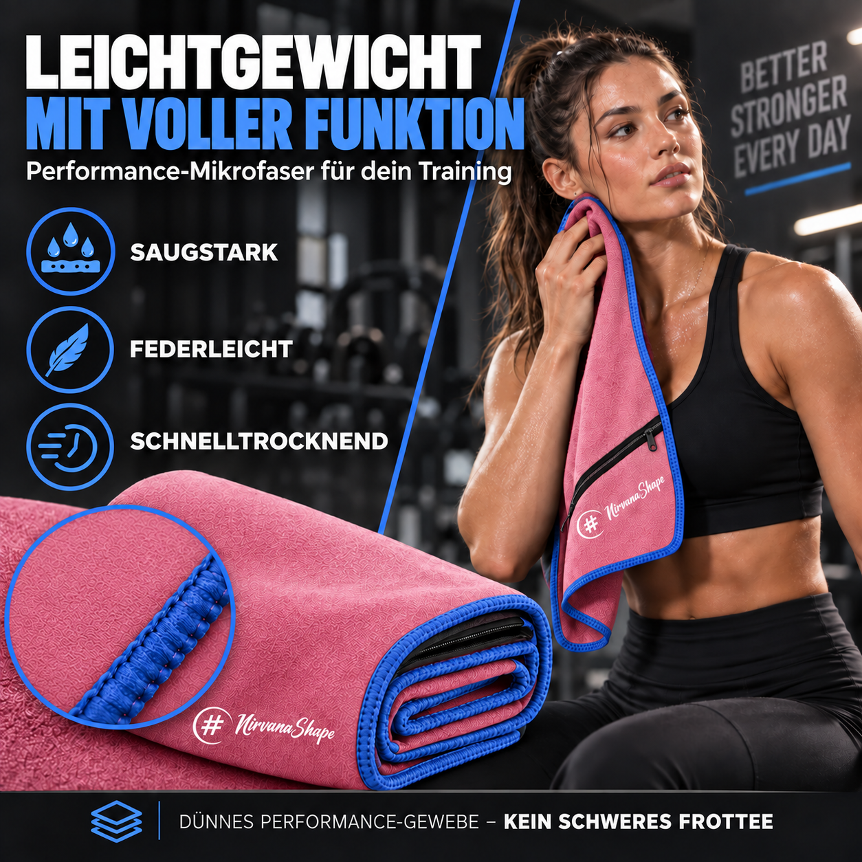 NirvanaShape Fitnesshandtuch Mikrofaser mit Ecktasche & Druckknöpfen - saugfähig, leicht, schnelltrocknend, für Reisen, Fitness, Yoga, Sauna