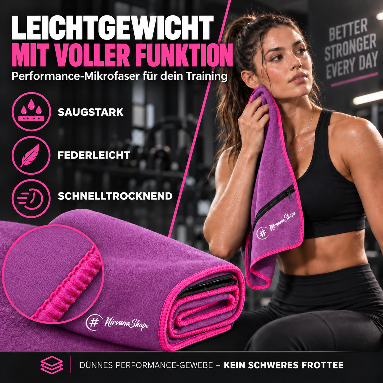 NirvanaShape Fitnesshandtuch Mikrofaser mit Ecktasche & Druckknöpfen - saugfähig, leicht, schnelltrocknend, für Reisen, Fitness, Yoga, Sauna