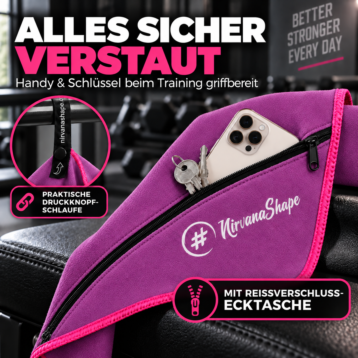 NirvanaShape Fitnesshandtuch Mikrofaser mit Ecktasche & Druckknöpfen - saugfähig, leicht, schnelltrocknend, für Reisen, Fitness, Yoga, Sauna