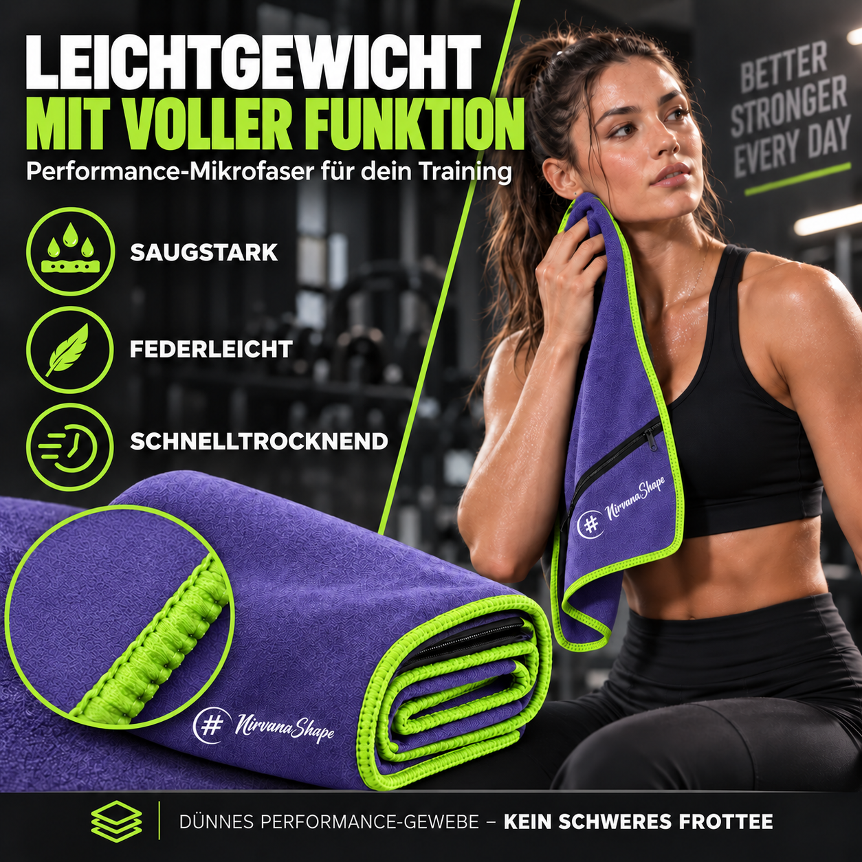 NirvanaShape Fitnesshandtuch Mikrofaser mit Ecktasche & Druckknöpfen - saugfähig, leicht, schnelltrocknend, für Reisen, Fitness, Yoga, Sauna