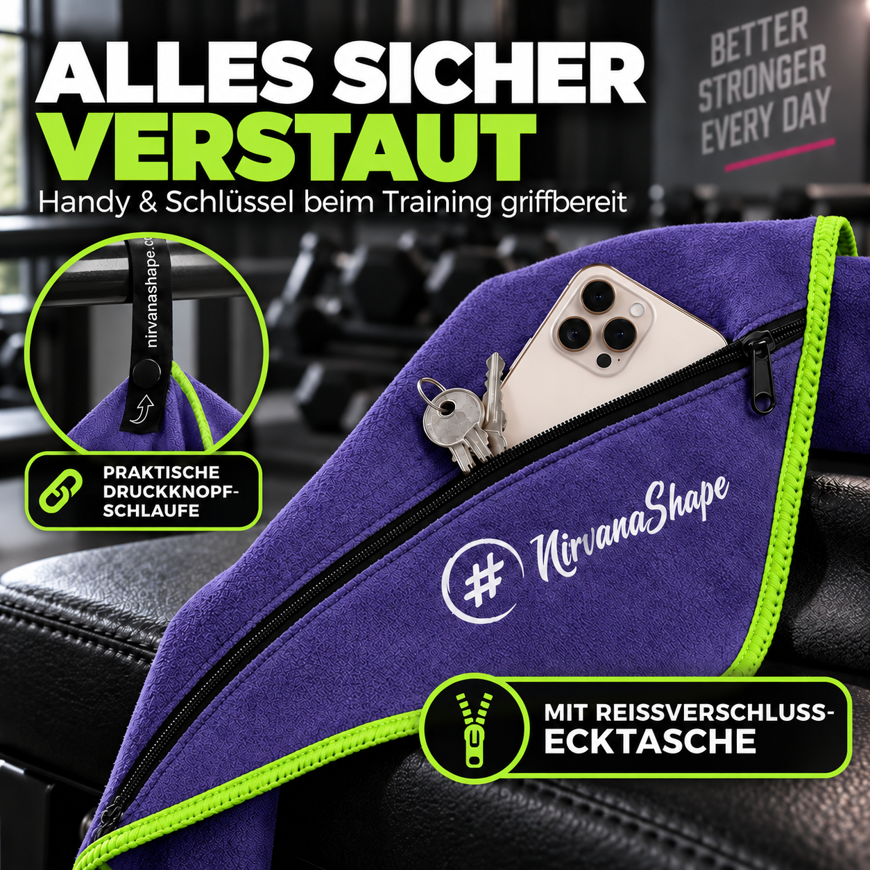 NirvanaShape Fitnesshandtuch Mikrofaser mit Ecktasche & Druckknöpfen - saugfähig, leicht, schnelltrocknend, für Reisen, Fitness, Yoga, Sauna