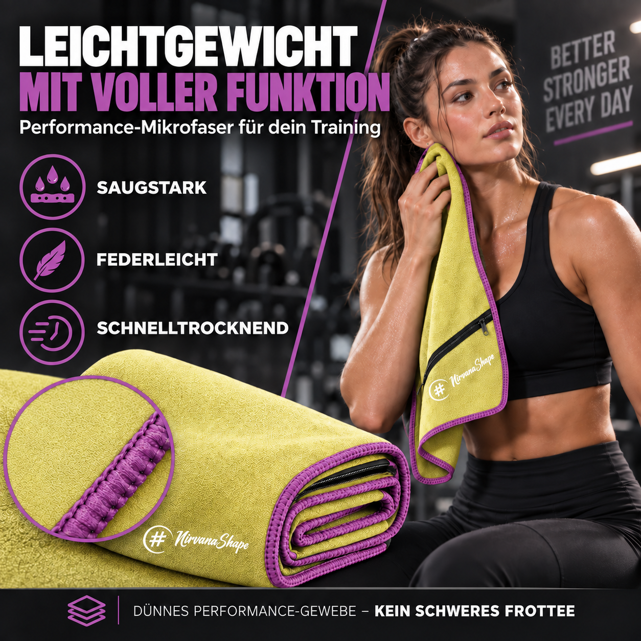 NirvanaShape Fitnesshandtuch Mikrofaser mit Ecktasche & Druckknöpfen - saugfähig, leicht, schnelltrocknend, für Reisen, Fitness, Yoga, Sauna