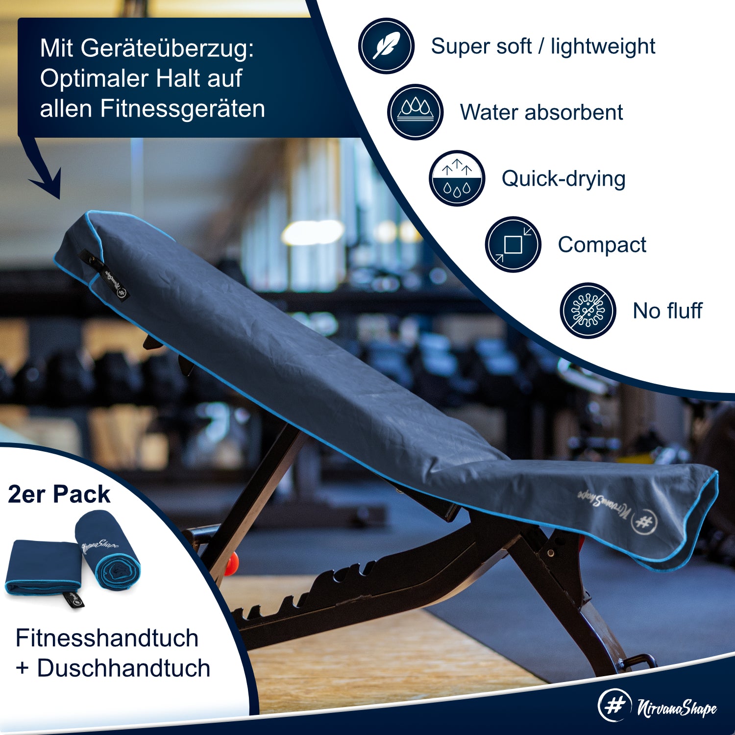 NirvanaShape 2er-Set: Fitness-Studio-Handtuch + Mikrofaser Duschtuch | ideales Gym-Zubehör | kompakt, leicht & saugstark - das perfekte Fitness Zubehör NirvanaShape