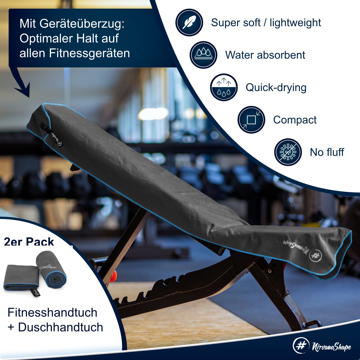 NirvanaShape 2er-Set: Fitness-Studio-Handtuch + Mikrofaser Duschtuch | ideales Gym-Zubehör | kompakt, leicht & saugstark - das perfekte Fitness Zubehör NirvanaShape