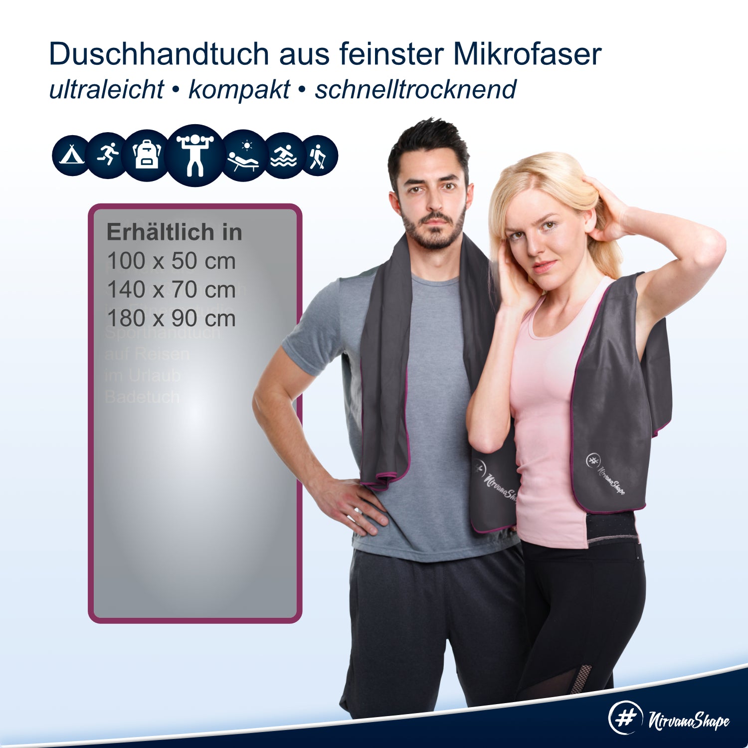 NirvanaShape 2er-Set: Fitness-Studio-Handtuch + Mikrofaser Duschtuch | ideales Gym-Zubehör | kompakt, leicht & saugstark - das perfekte Fitness Zubehör NirvanaShape