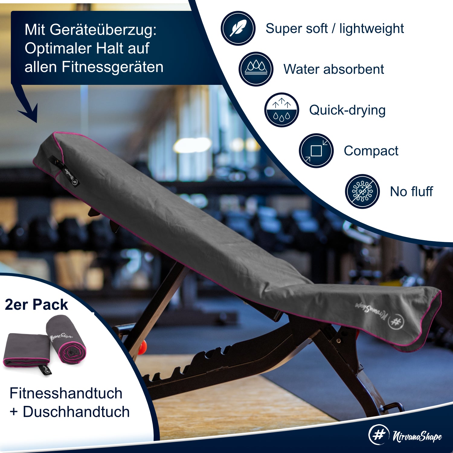 NirvanaShape 2er-Set: Fitness-Studio-Handtuch + Mikrofaser Duschtuch | ideales Gym-Zubehör | kompakt, leicht & saugstark - das perfekte Fitness Zubehör NirvanaShape