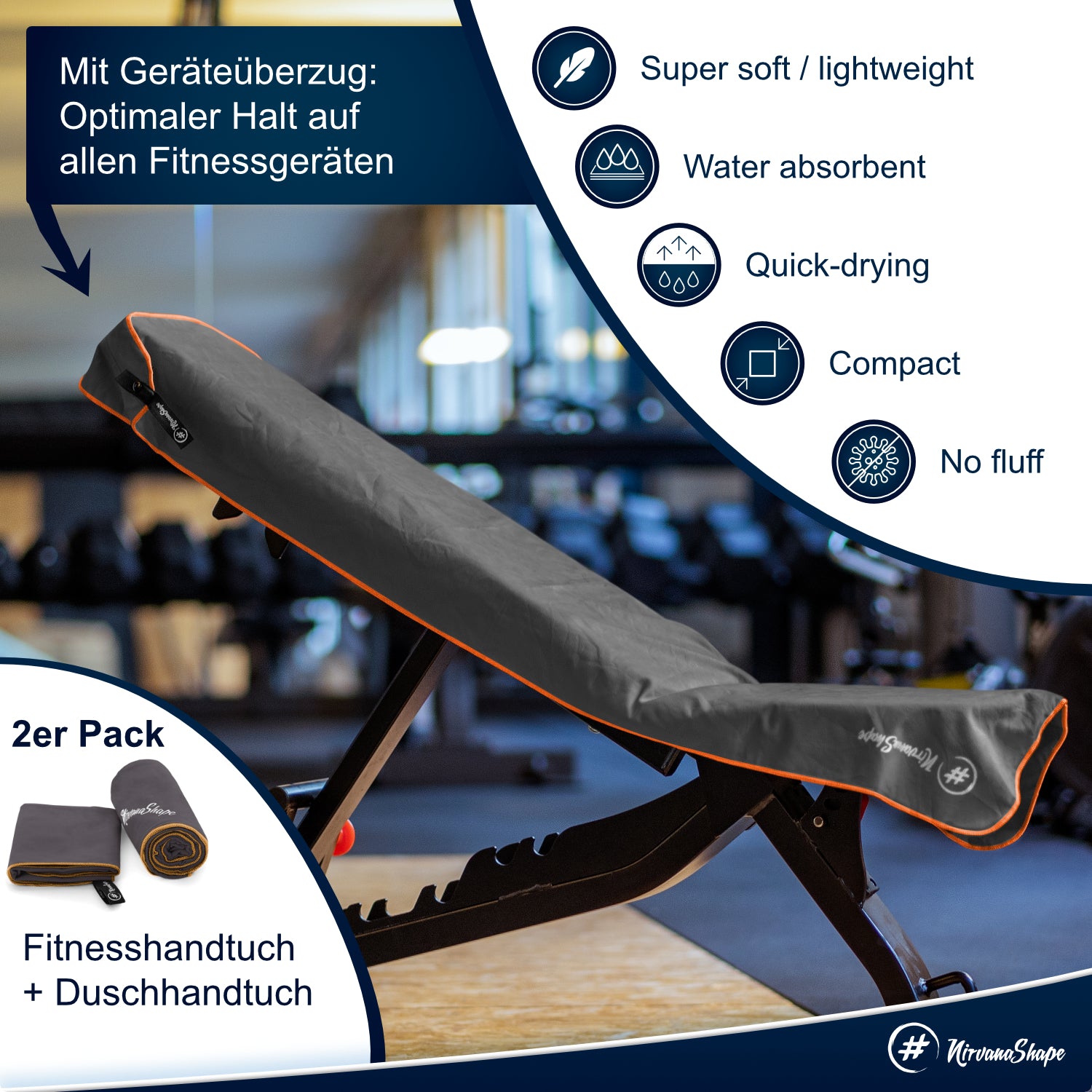 NirvanaShape 2er-Set: Fitness-Studio-Handtuch + Mikrofaser Duschtuch | ideales Gym-Zubehör | kompakt, leicht & saugstark - das perfekte Fitness Zubehör NirvanaShape