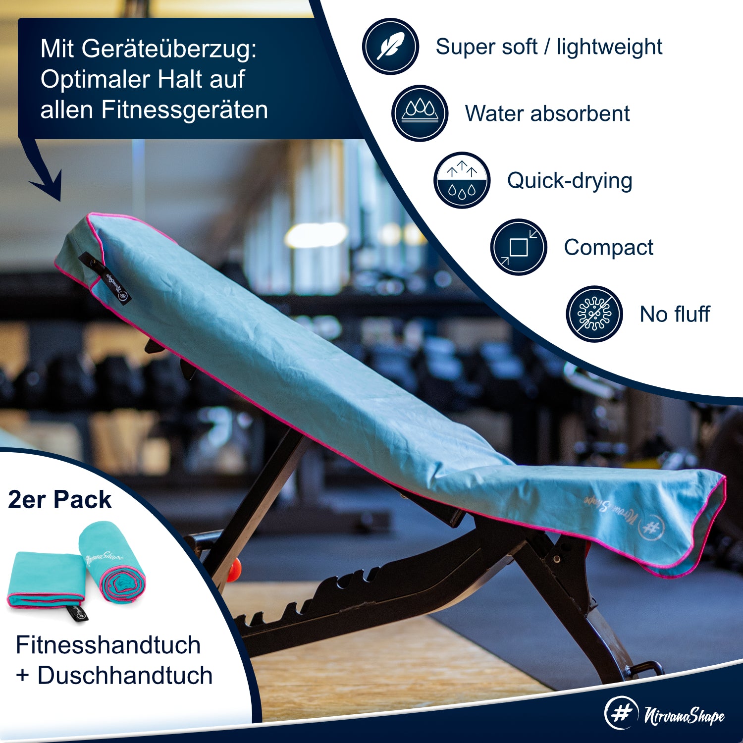 NirvanaShape 2er-Set: Fitness-Studio-Handtuch + Mikrofaser Duschtuch | ideales Gym-Zubehör | kompakt, leicht & saugstark - das perfekte Fitness Zubehör NirvanaShape